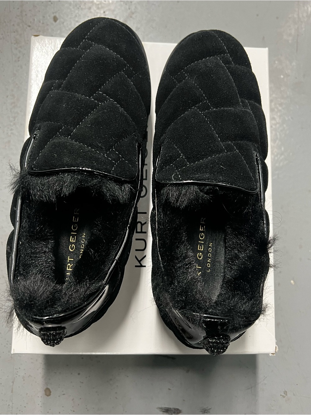 Kurt Geiger Black Quilted Faux-Fur Trim Slip-On Mules